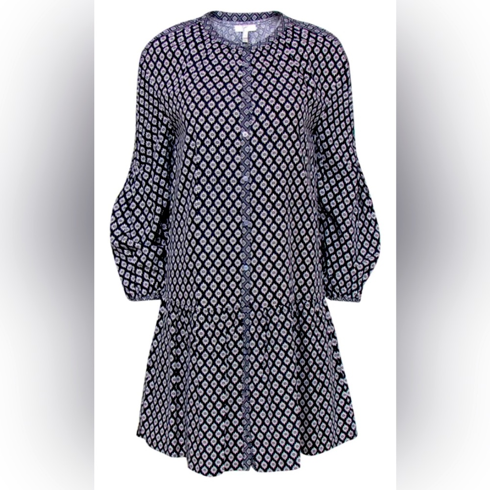 Joie-Black and White Floral Print Long Sleeve Button-Up Drop Waist Dress Sz S